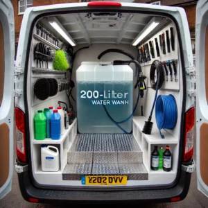 DALL·E 2024-09-05 12.38.03 - A commercial vehicle transformed into a mobile car wash, showcasing a square-shaped 200-liter water tank neatly positioned inside. The interior is org